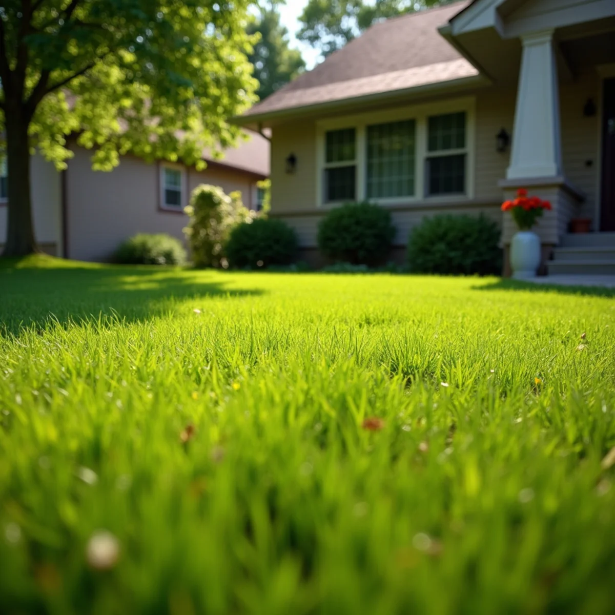 Healthy tall-cut lawn shading the soil in summer heat