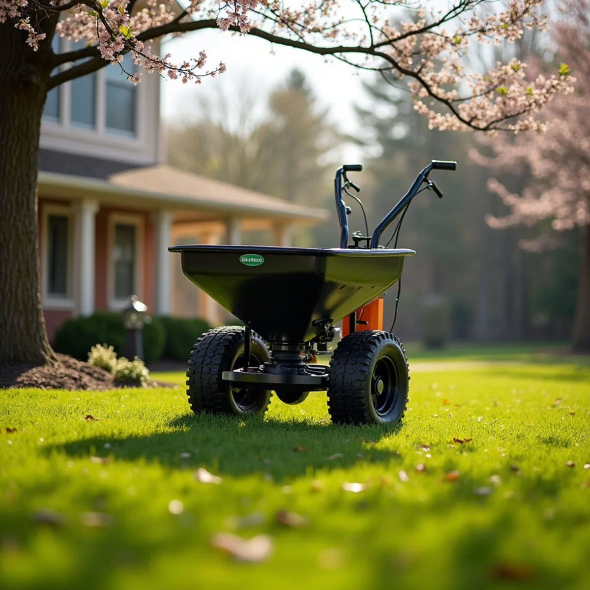 Walk-behind broadcast spreader on a greening spring lawn with scattered granules