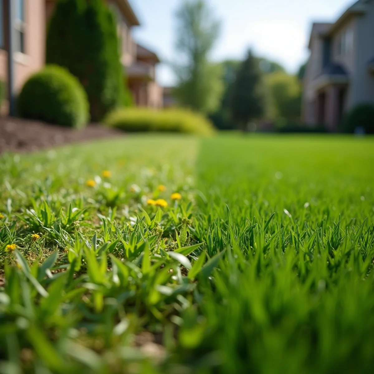 Weedy patch of dandelions and clover beside thick healthy turf in the same lawn
