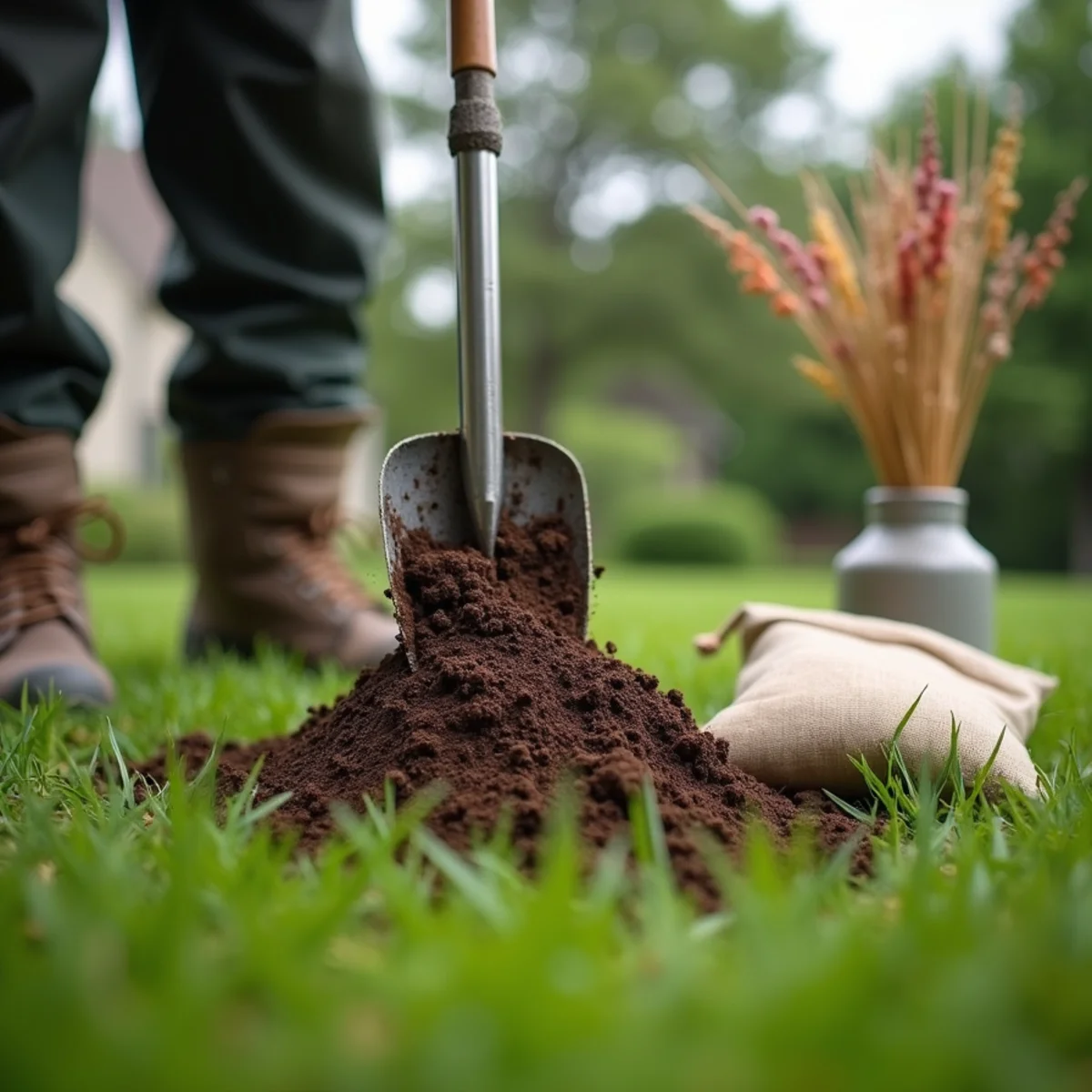 Spade digging into dark clay soil in a lawn to collect a soil sample