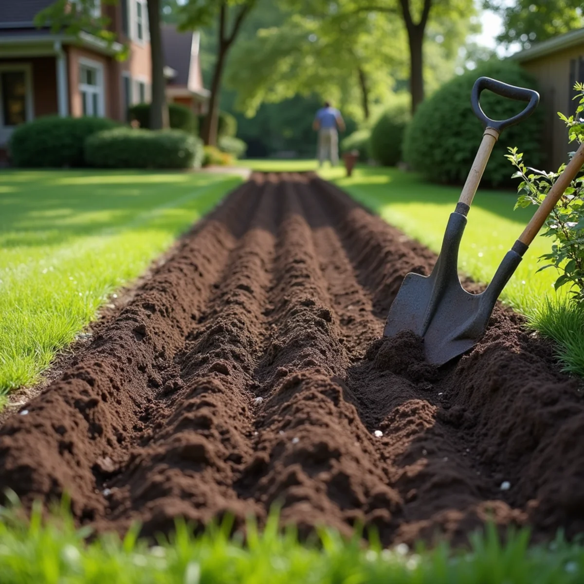 Freshly tilled strip of dark, amended soil with a spade, ready for new turf
