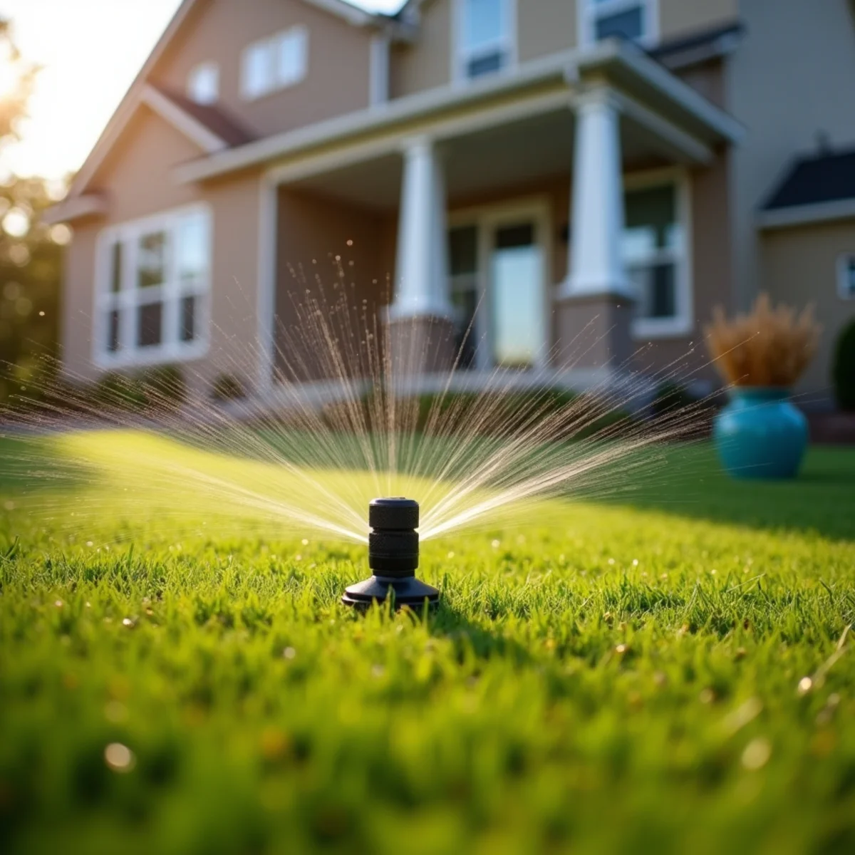 Sprinkler watering a newly installed lawn in front of a suburban home
