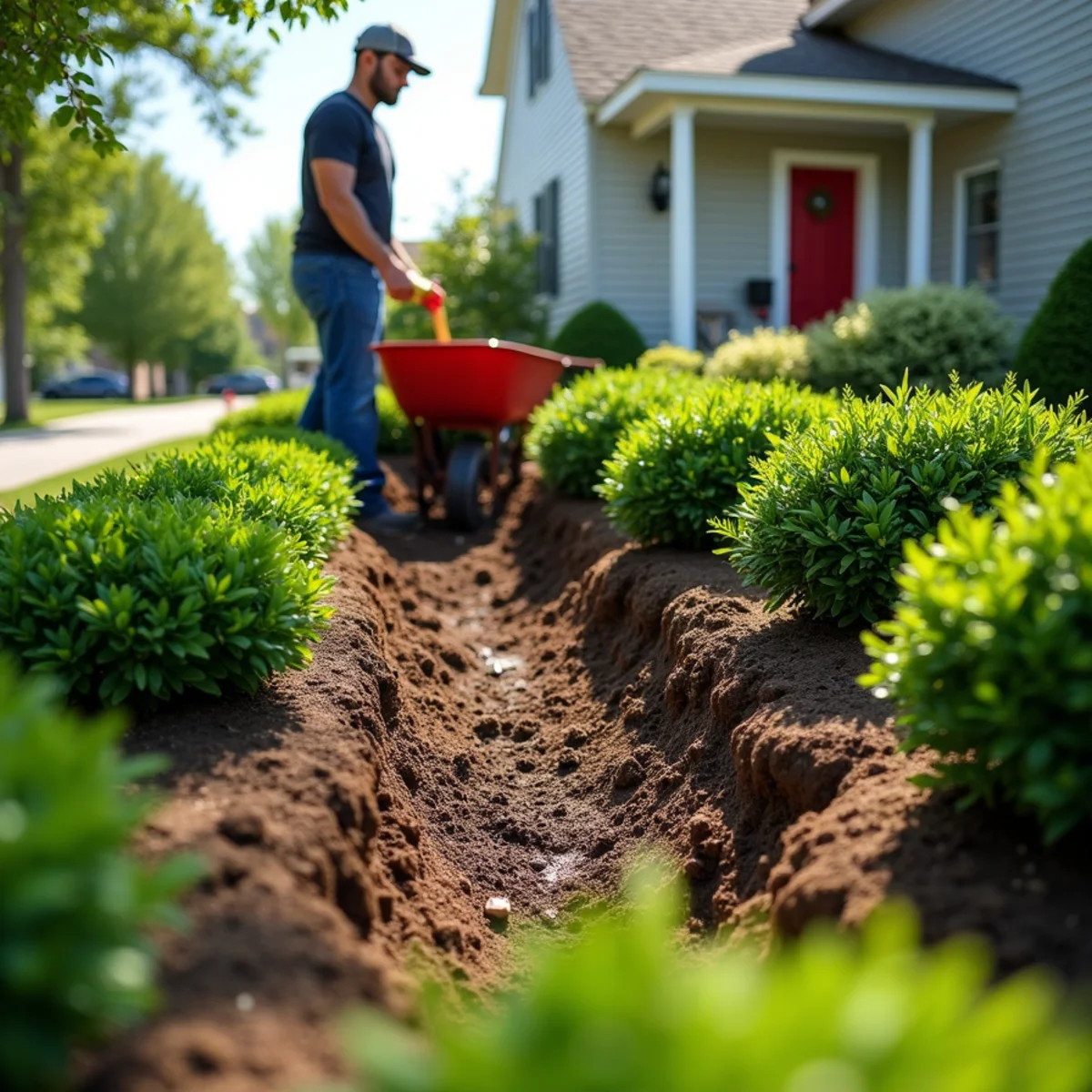 Landscaper with a wheelbarrow clearing and re-edging a foundation shrub bed