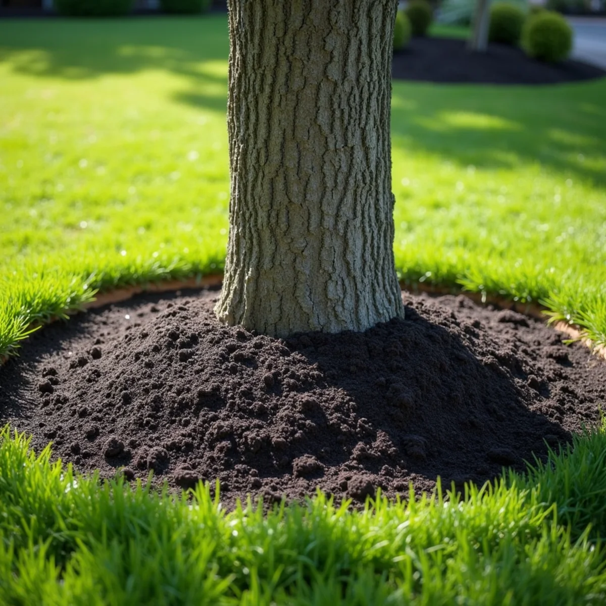 Properly mulched tree ring pulled back from the trunk flare