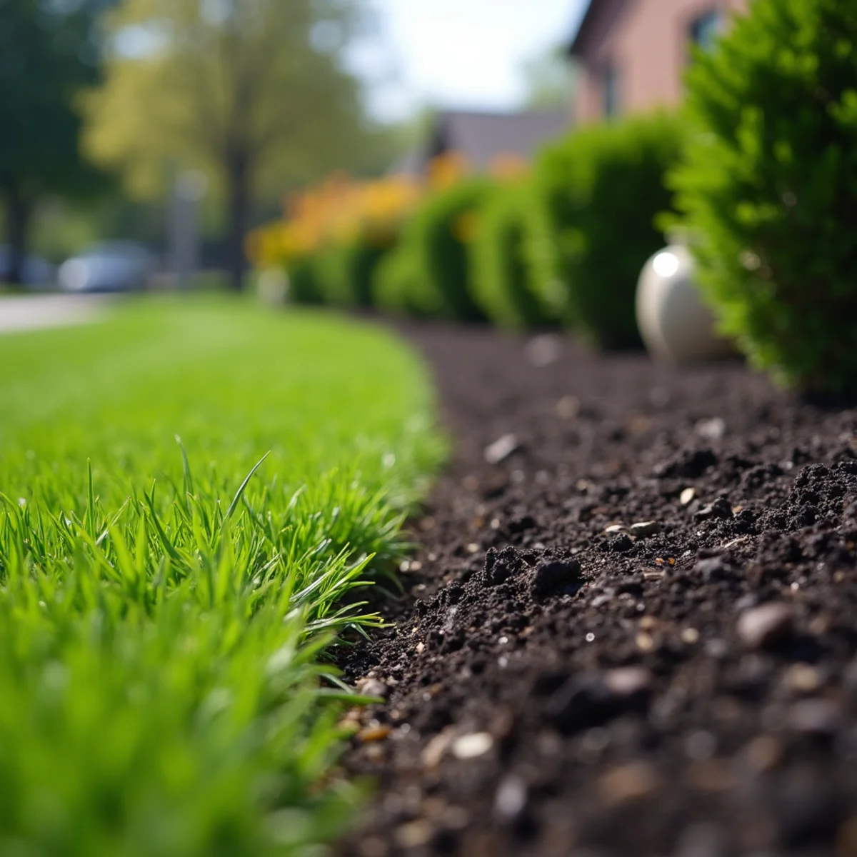Close-up of a freshly spade-cut edge between lawn and dark mulch