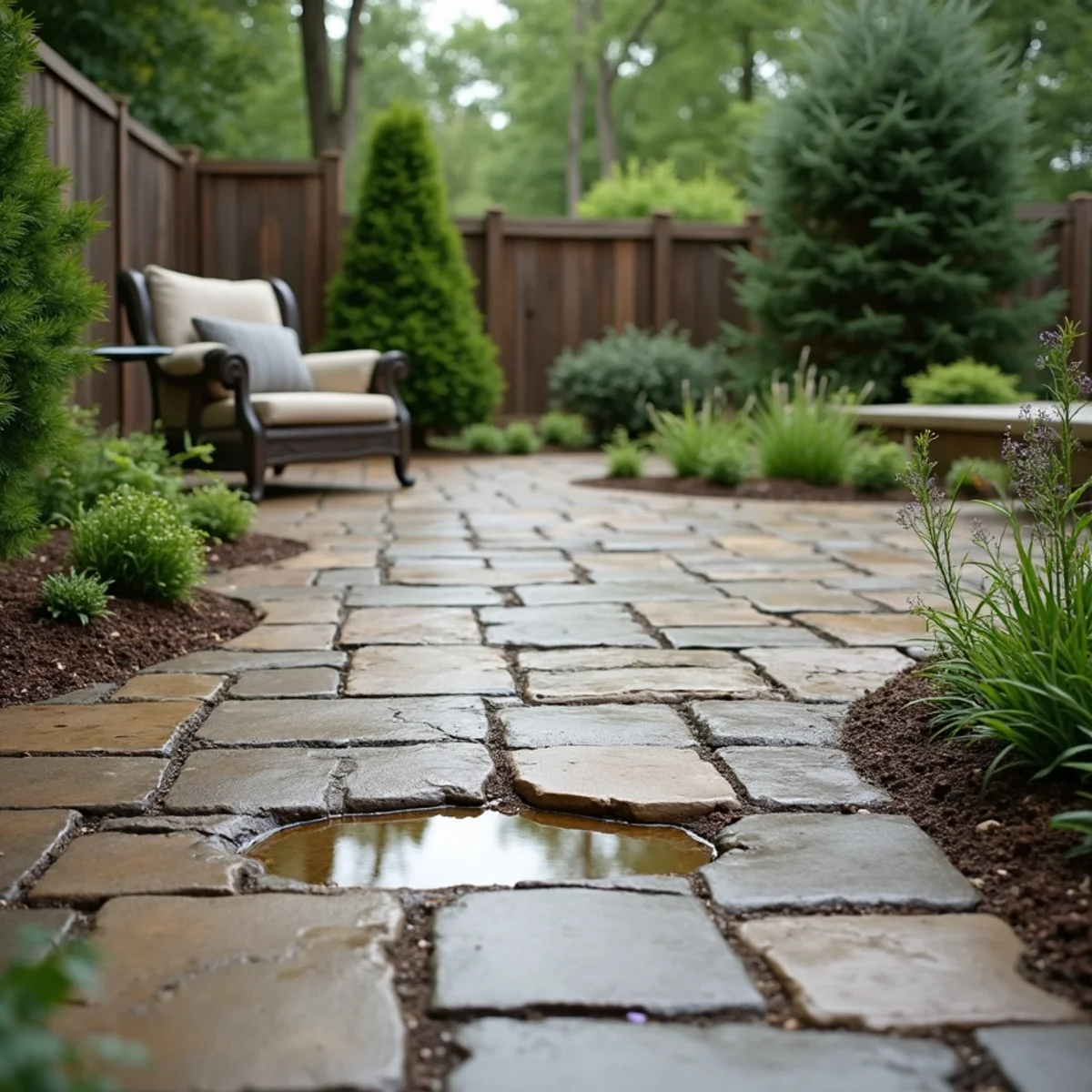 Older paver patio with a sunken, uneven section holding a small puddle