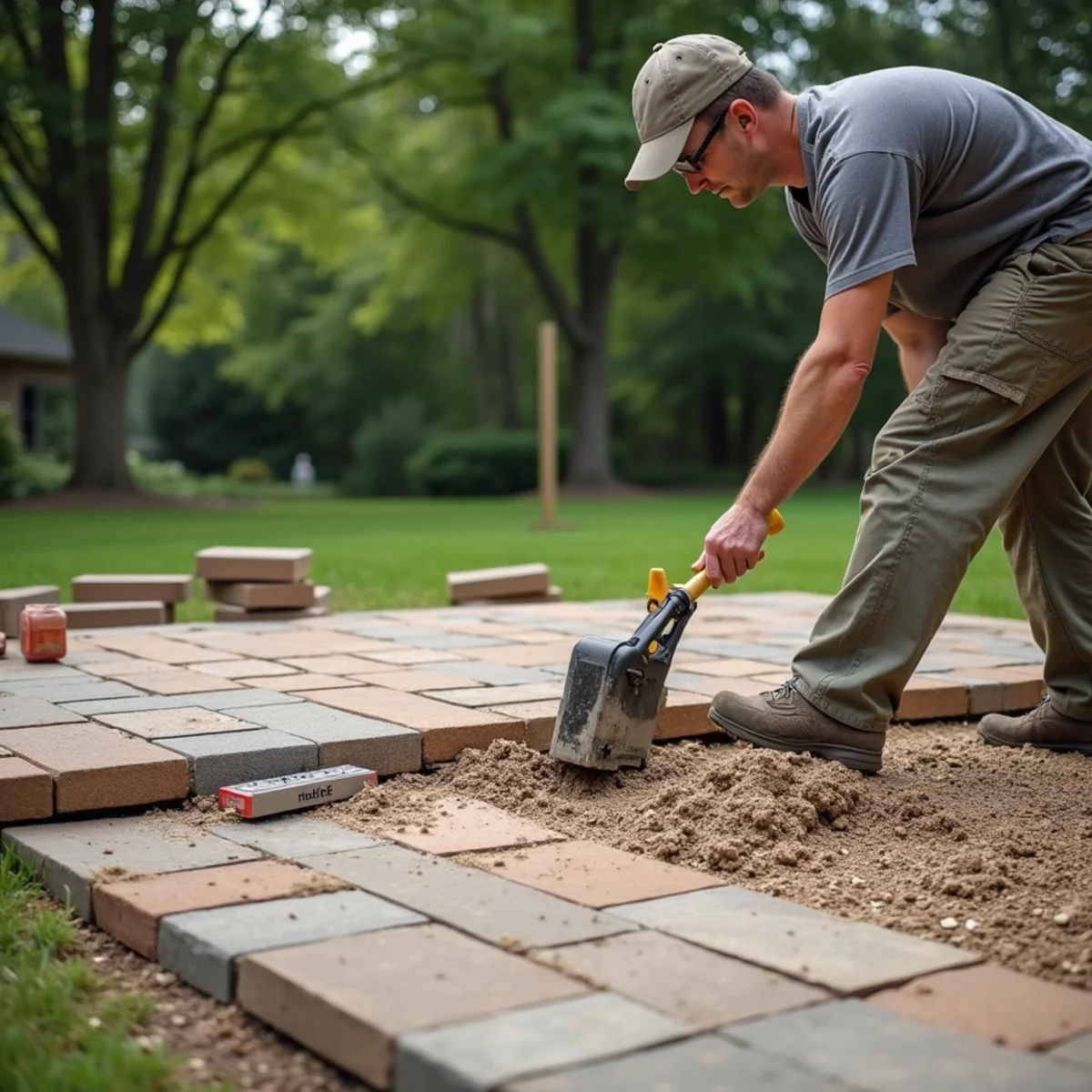 Patio repair in progress with pavers stacked aside and the gravel base being re-compacted