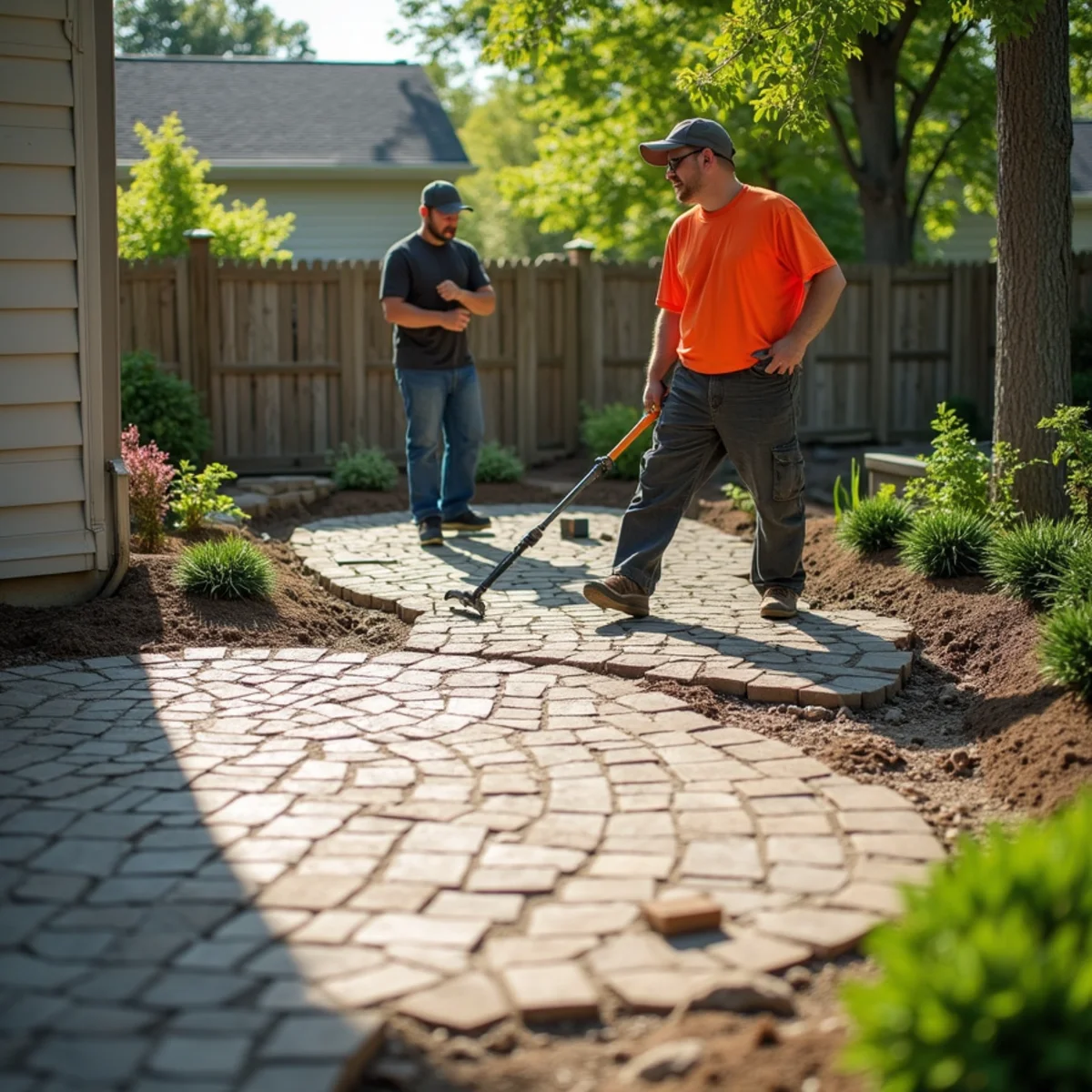 Two workers releveling a curved paver patio with a hand tamper