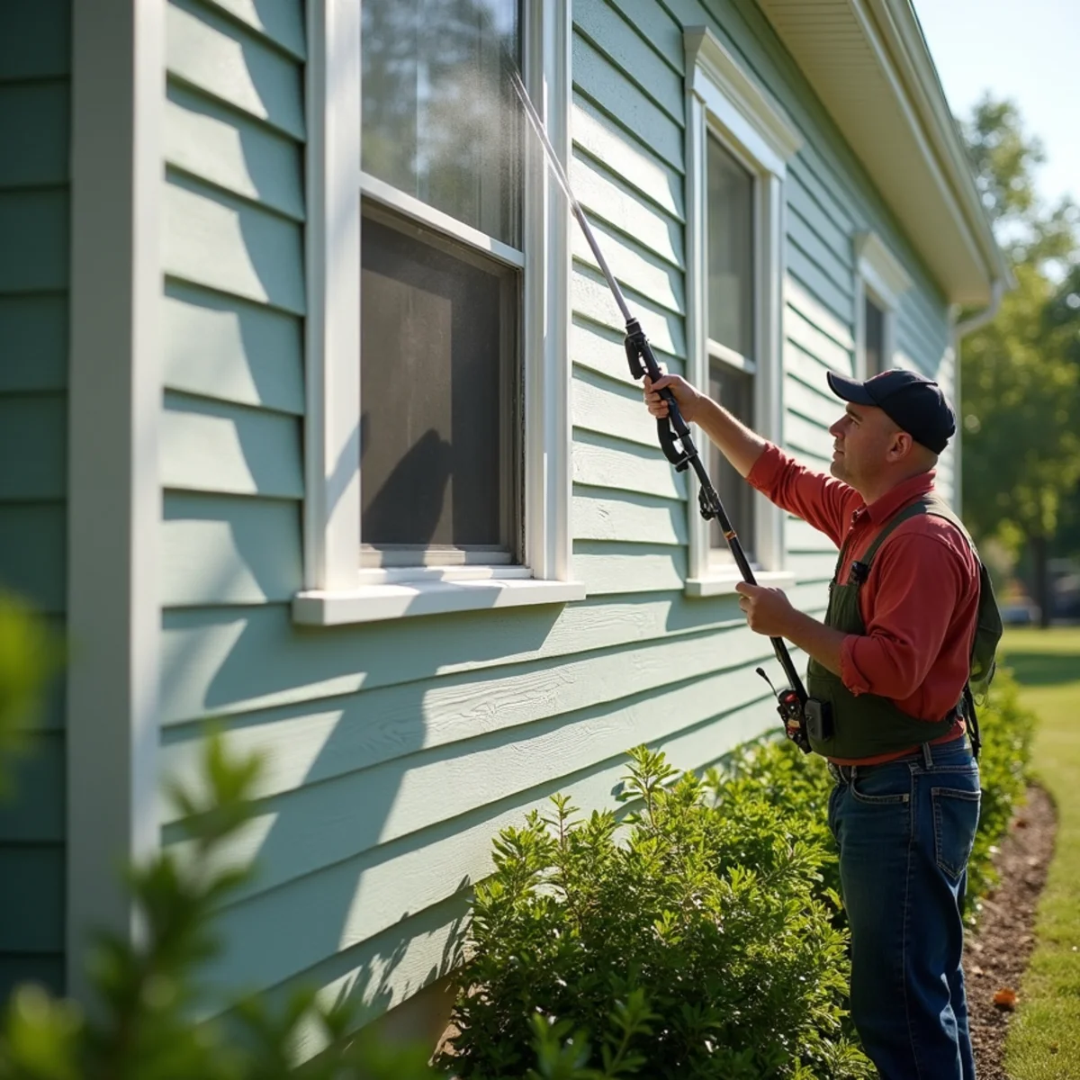 Worker soft washing vinyl siding with a long low-pressure wand