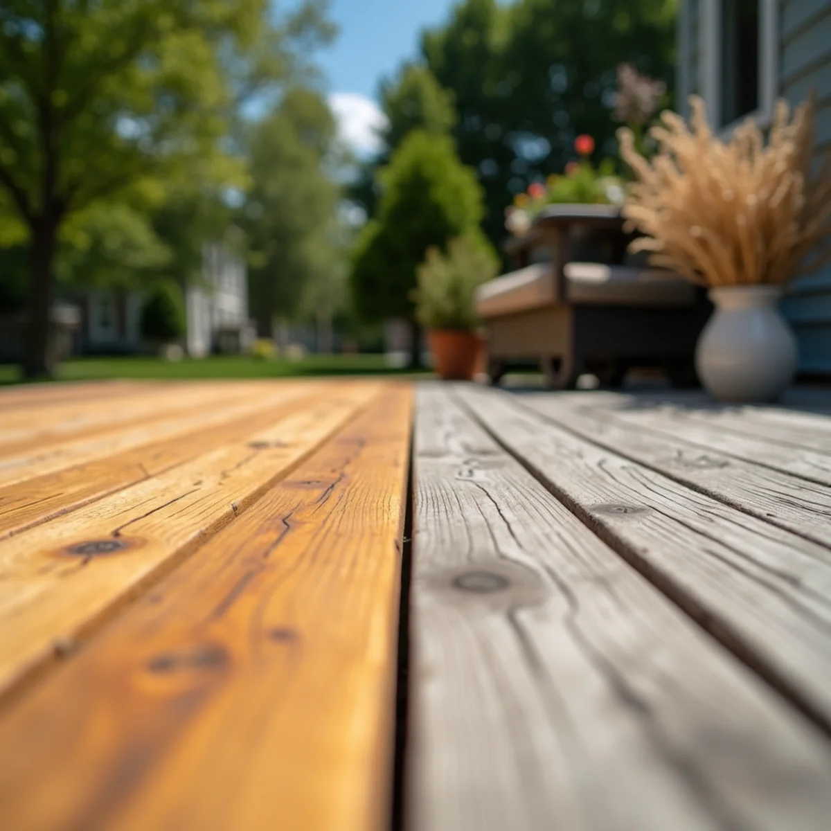 Wood deck half restored to a warm tone and half still gray and weathered