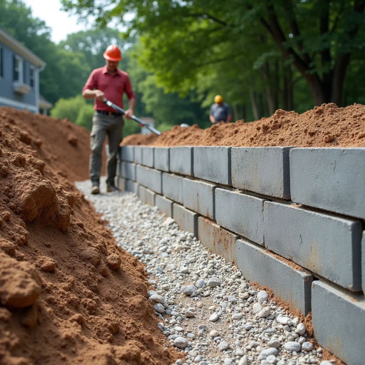 Block retaining wall under construction with clean gravel backfill along its base