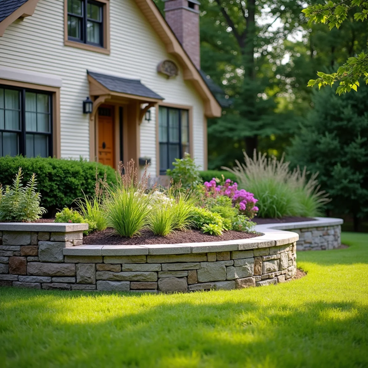 Dry-stacked natural limestone wall holding a raised perennial bed