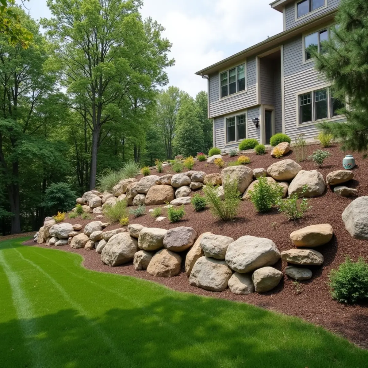 Natural boulder retaining wall terracing a large sloped backyard