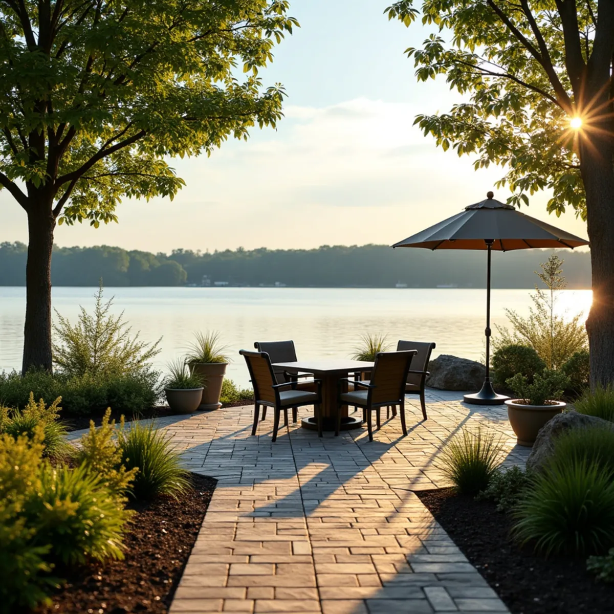 Paver patio with outdoor seating behind a home overlooking a calm lake