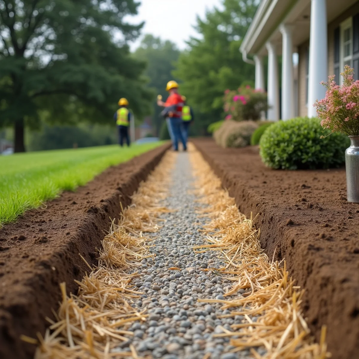 Crew installing a gravel drainage trench with straw cover beside a lake-area home
