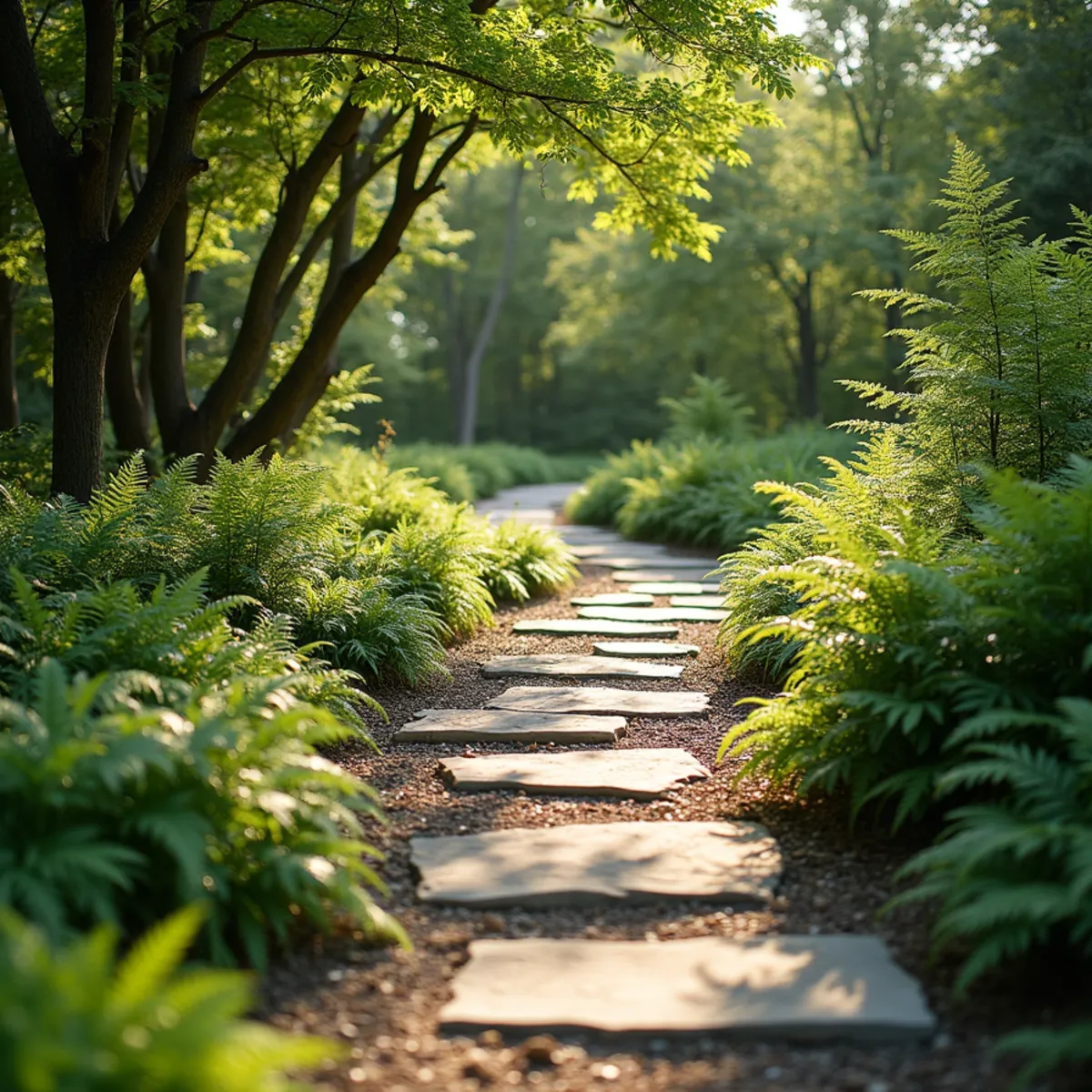 Natural flagstone path through a wooded yard with ferns beneath tall oaks