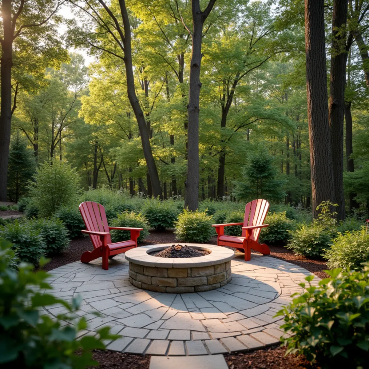 Paver patio with a round fire pit and Adirondack chairs among tall oak trees
