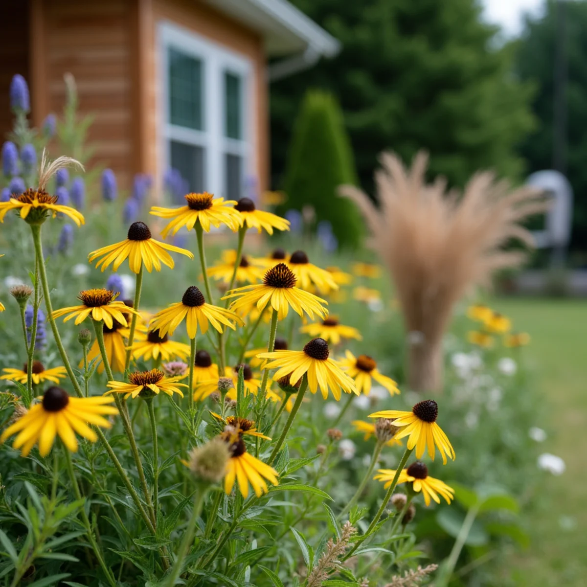 Native prairie-style front garden of coneflowers and little bluestem in bloom