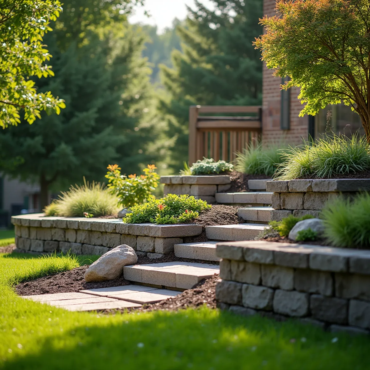 Two-tier segmental block retaining wall terracing a sloped backyard