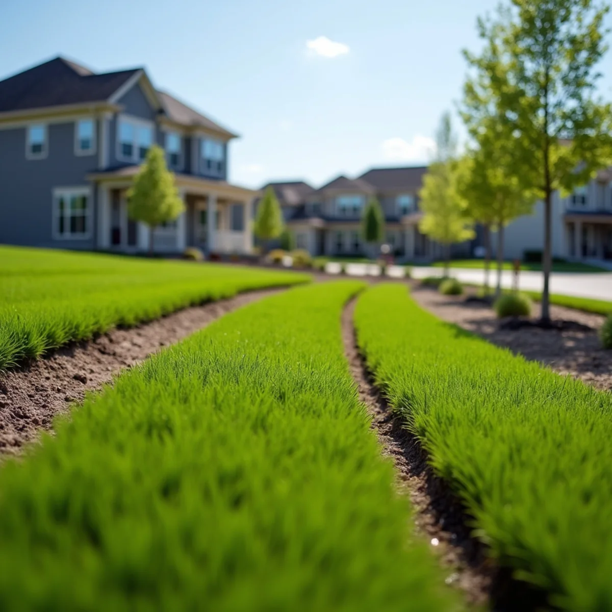 Fresh sod laid on a regraded new-construction lot in a growing subdivision