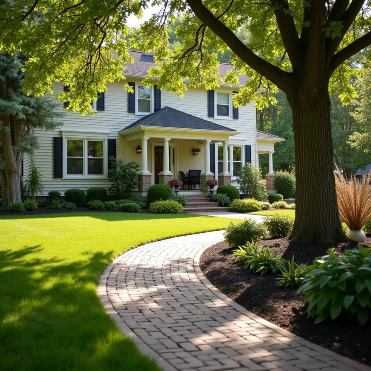 Curved paver walkway and planting beds in front of a century-old home
