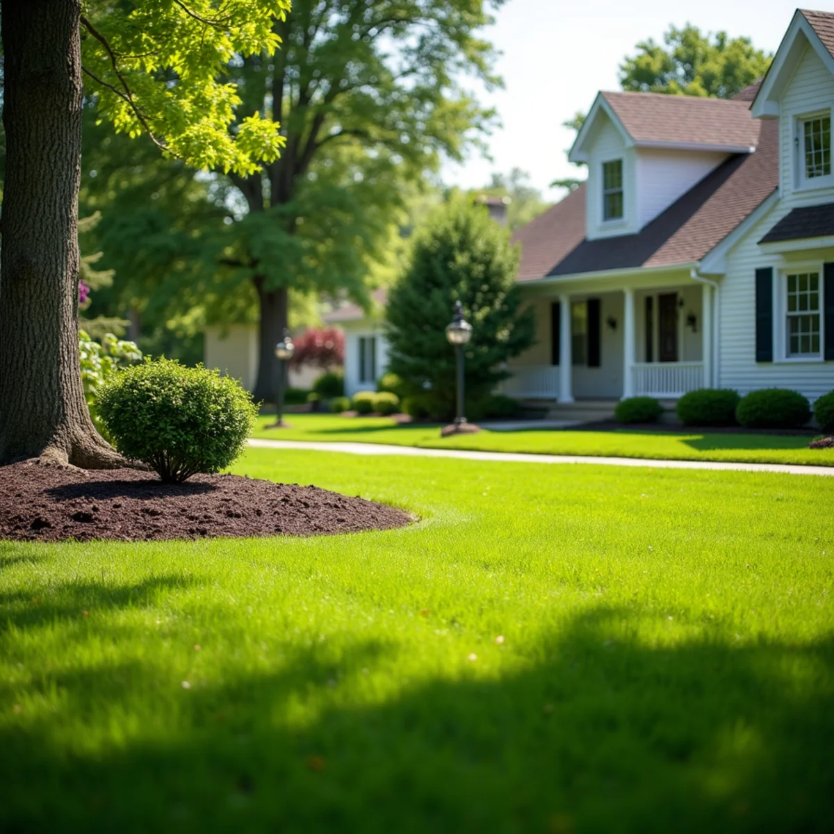 Newly established lawn on a flat suburban lot graded gently away from a ranch home