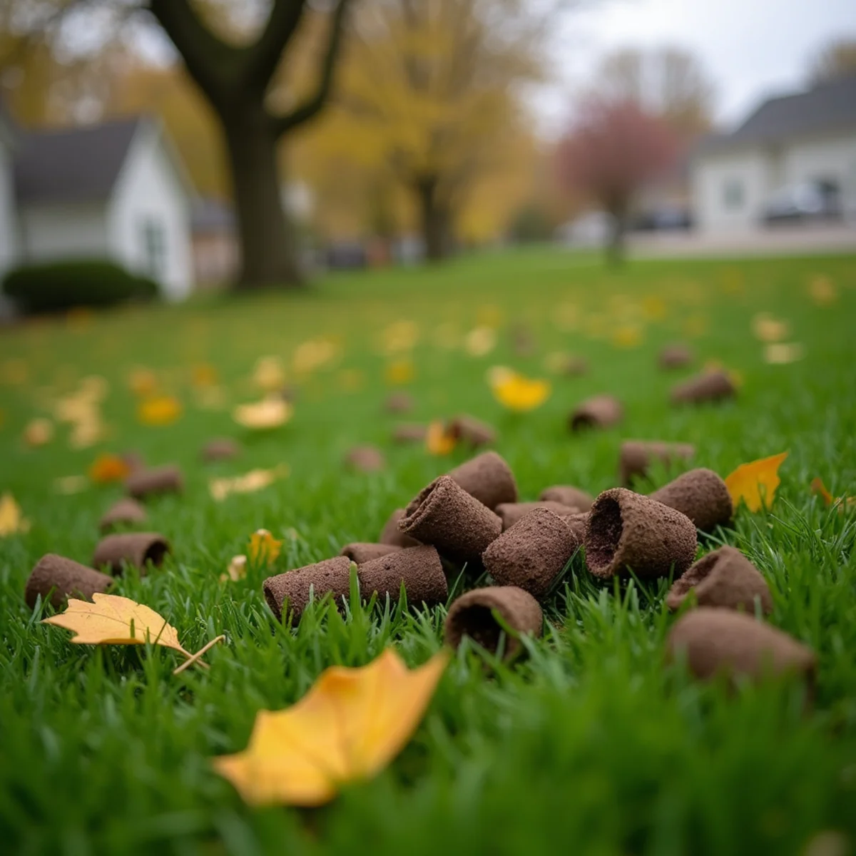 Soil plugs from core aeration scattered across a green lawn in early fall