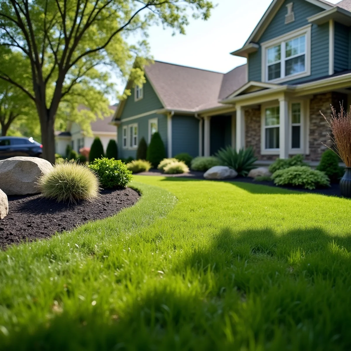 Finished front-yard landscape with ornamental grasses, low shrubs and accent boulders