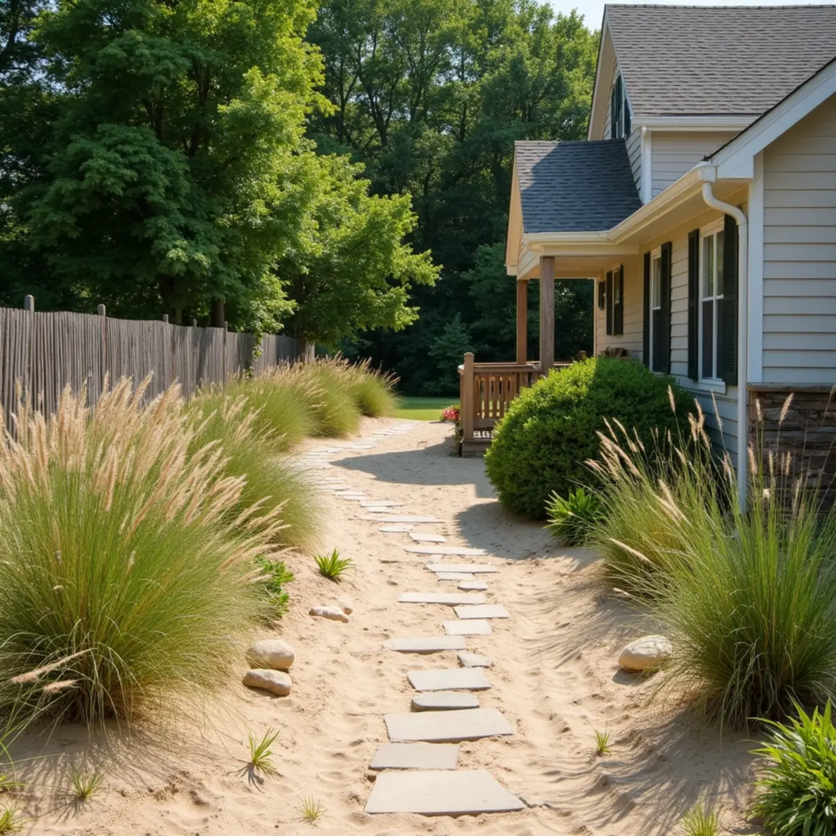 Sandy-soil yard with native dune grasses, a weathered fence and a stone path