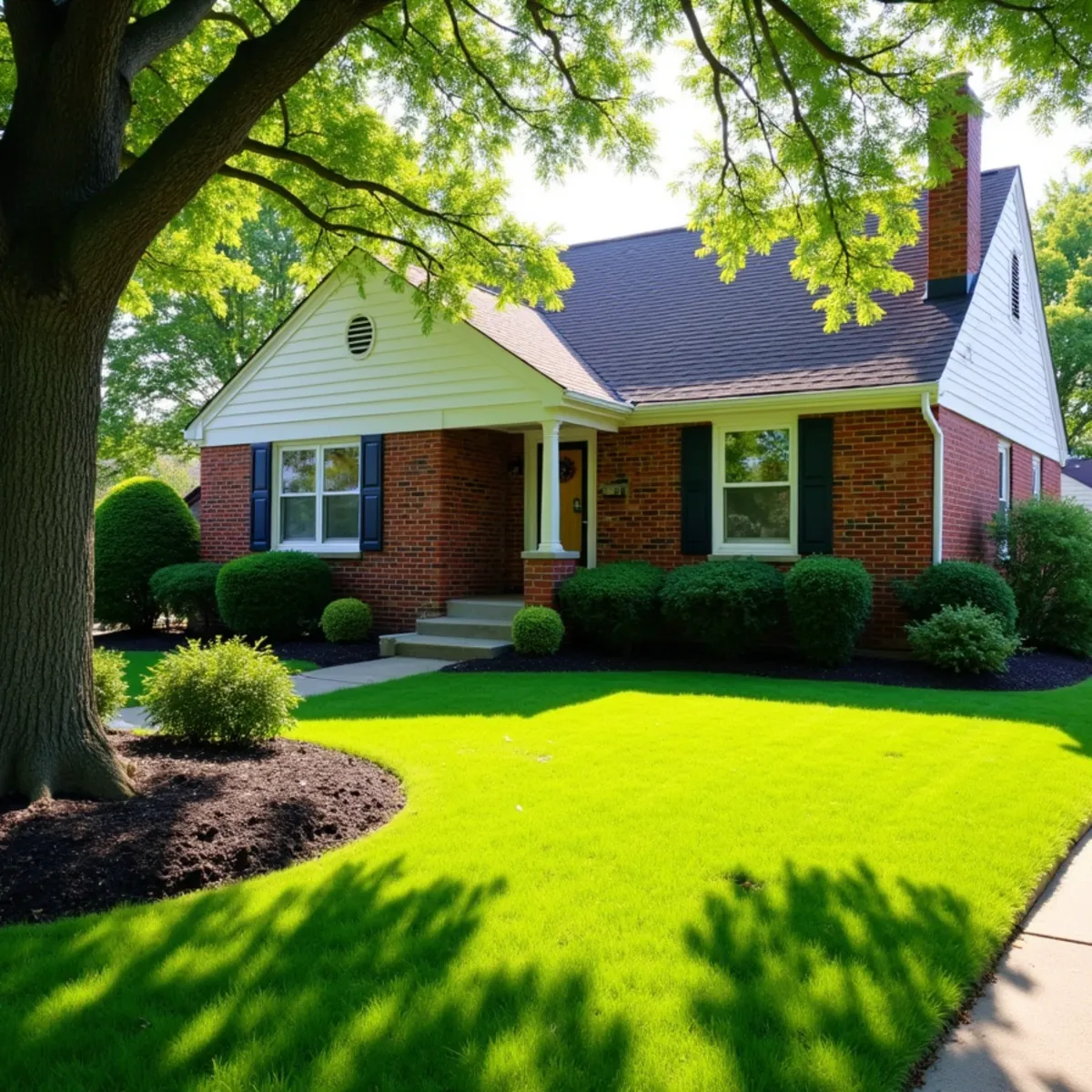 Freshly mowed lawn and mulched beds in front of a brick bungalow