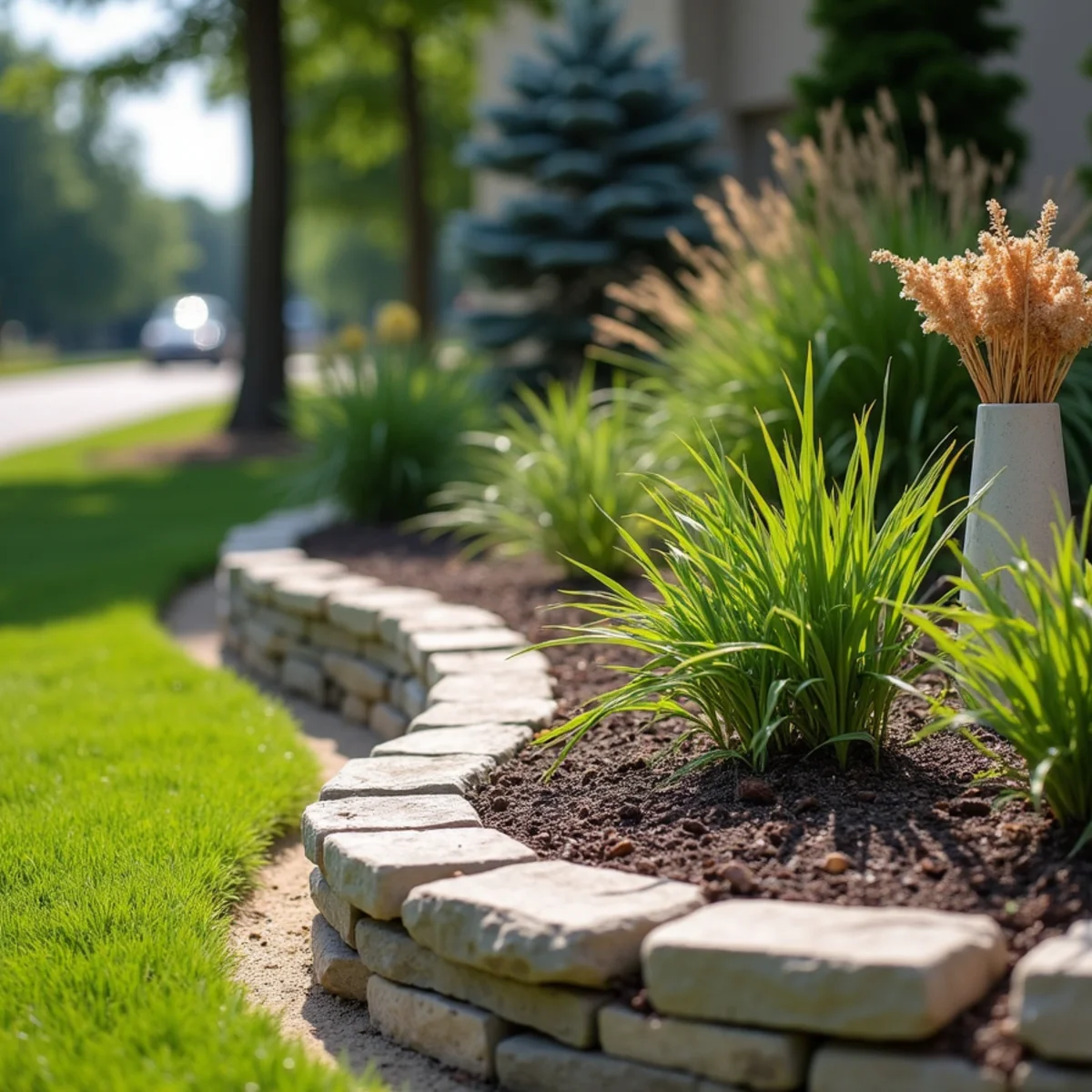 Mulched bed with a low natural-stone edge and hardy coastal perennials beside a sandy lawn