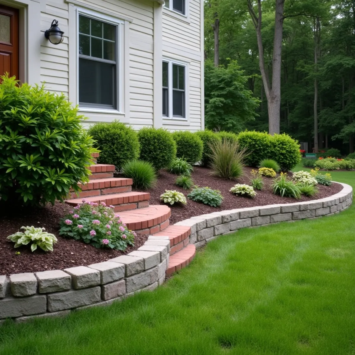 Low curved block retaining wall holding a terraced planting bed on a sloped front yard