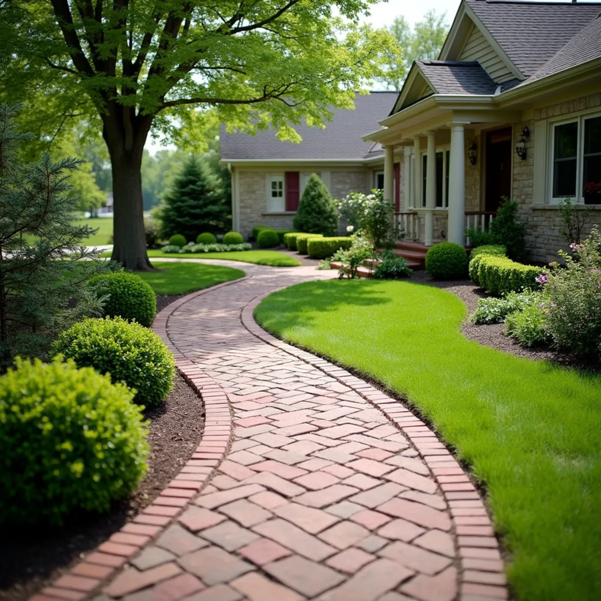 Herringbone paver walkway from the driveway to a front porch edged with boxwood