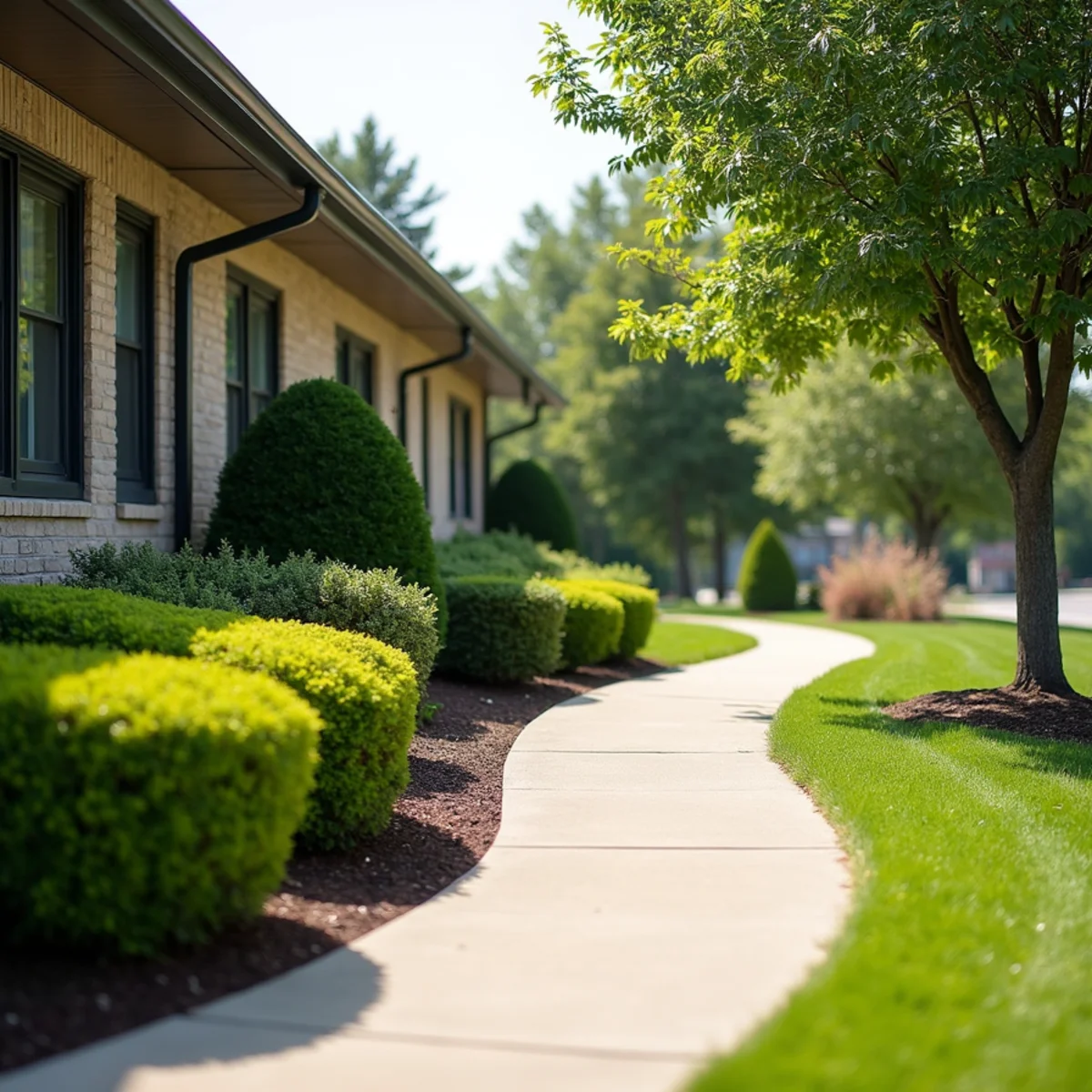 Well-kept grounds with trimmed hedges and mulched beds at a small commercial office