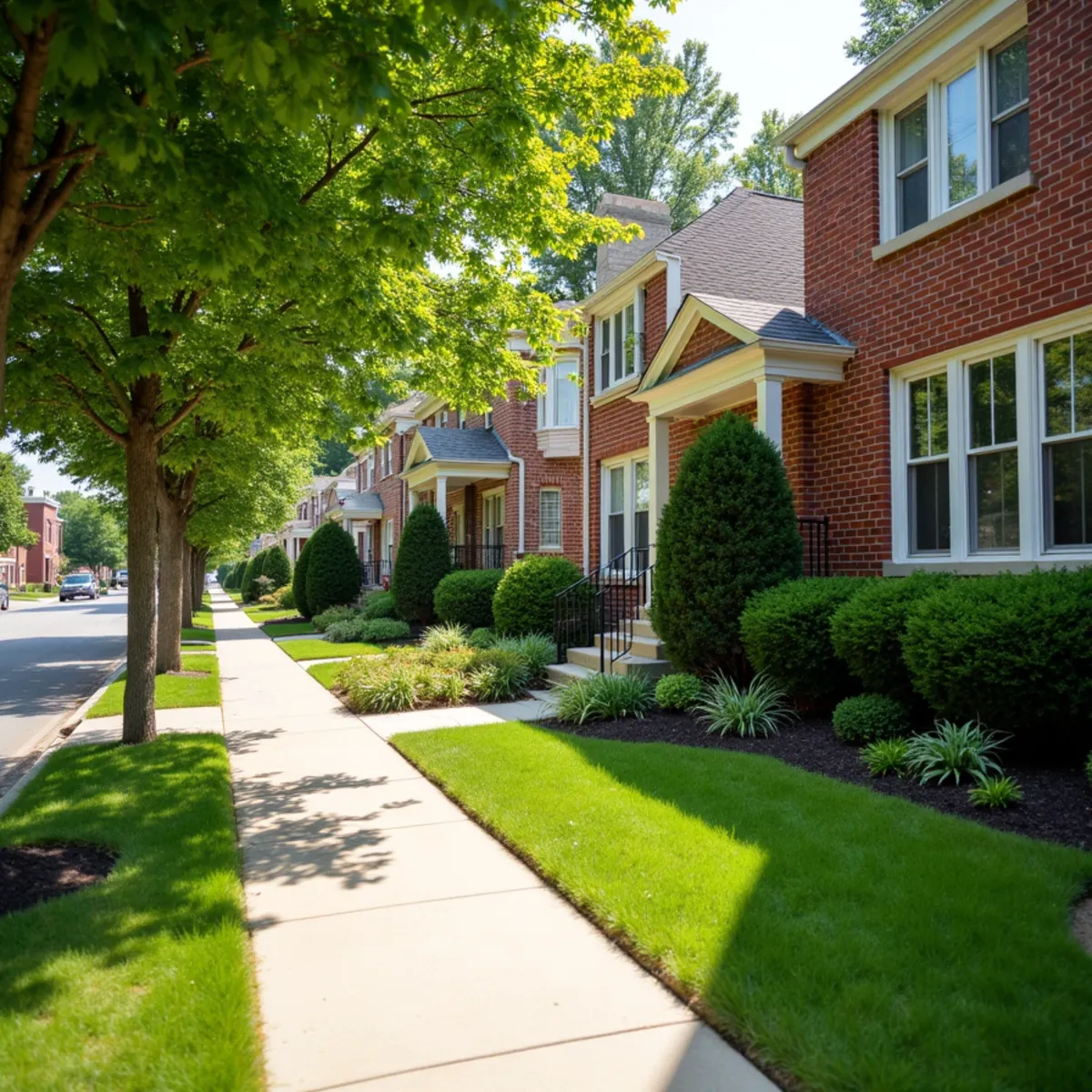 Tidy small lawn and foundation beds at an older brick city home on a narrow lot