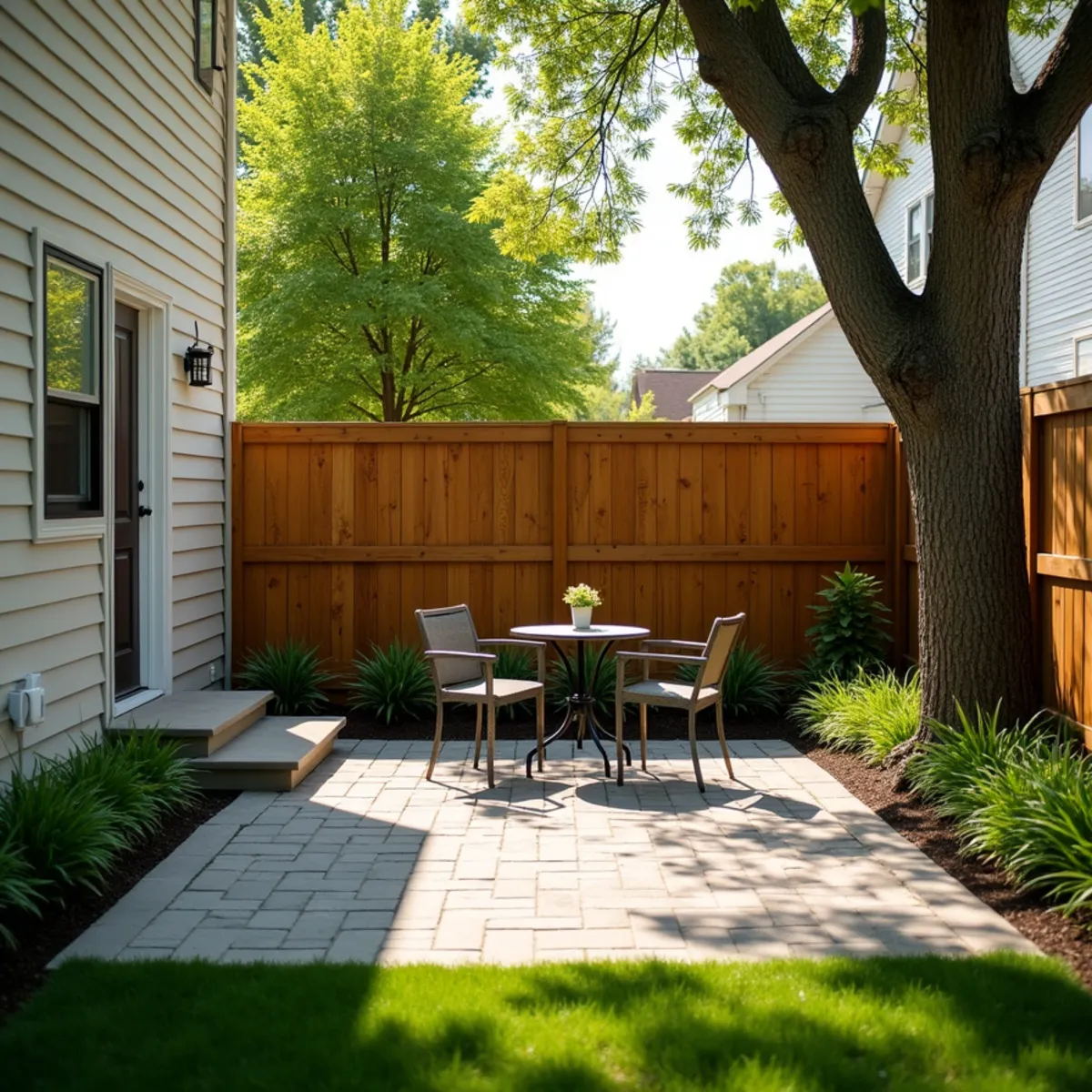 Compact paver patio with a bistro table in a small fenced city backyard