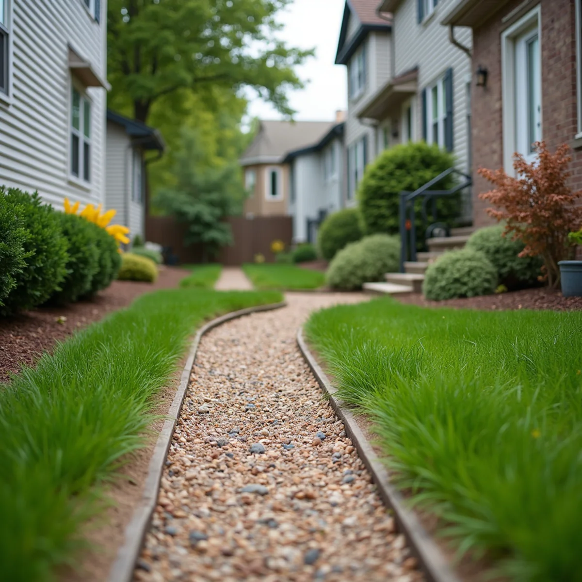Narrow side yard regraded with a gravel drainage strip and downspout extension