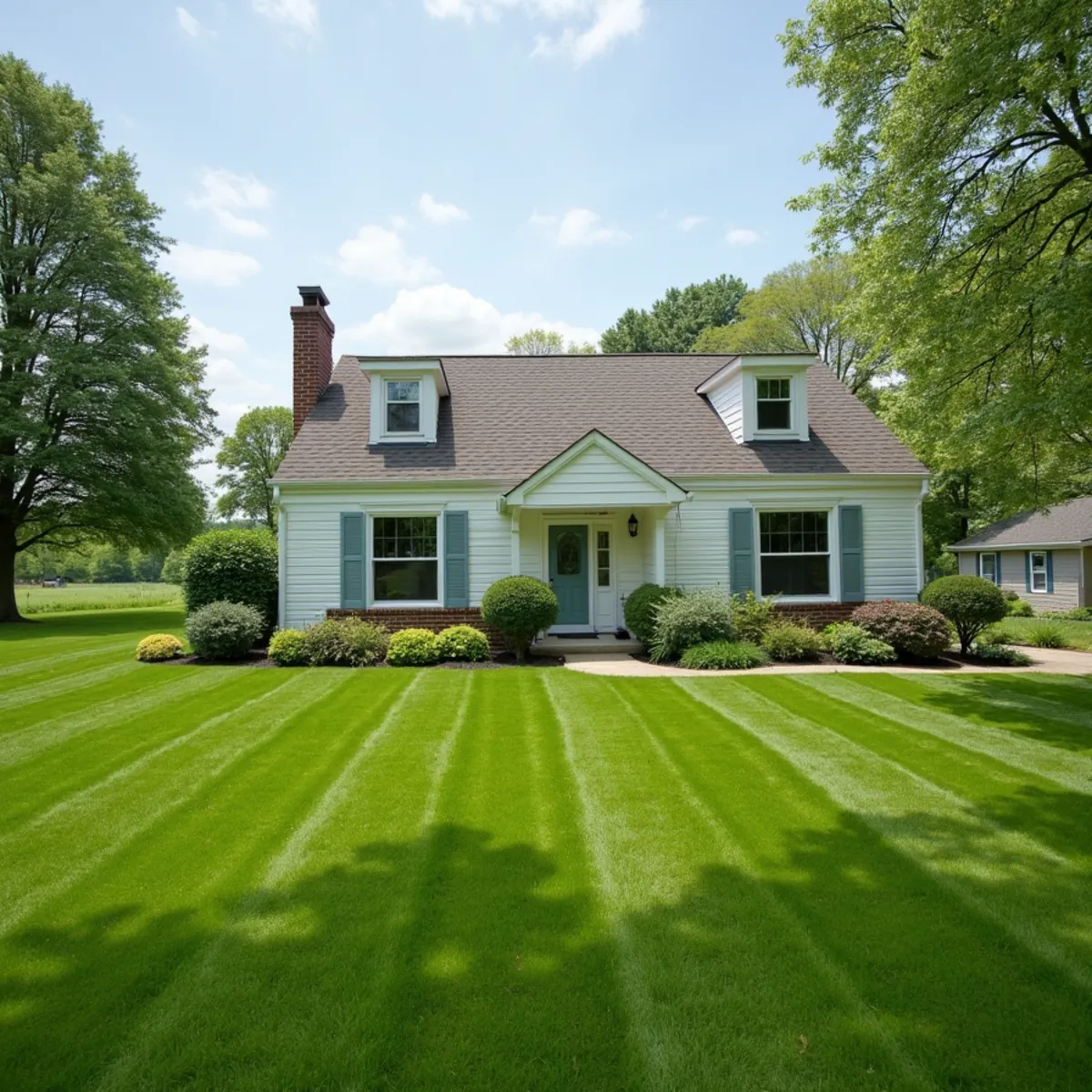 Rural-residential home with a large maintained lawn and open fields beyond