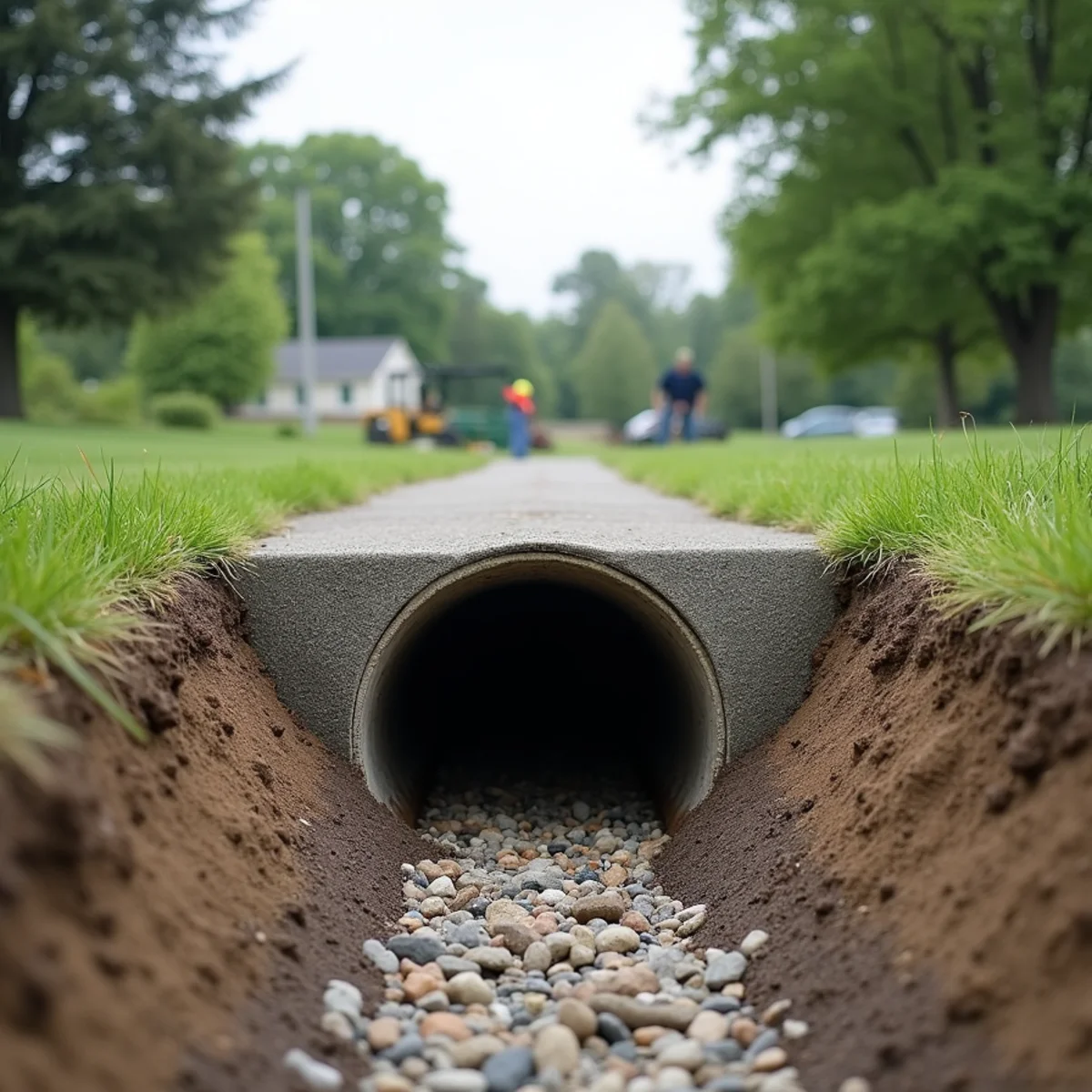 Corrugated culvert under a gravel driveway with a rock-lined outlet