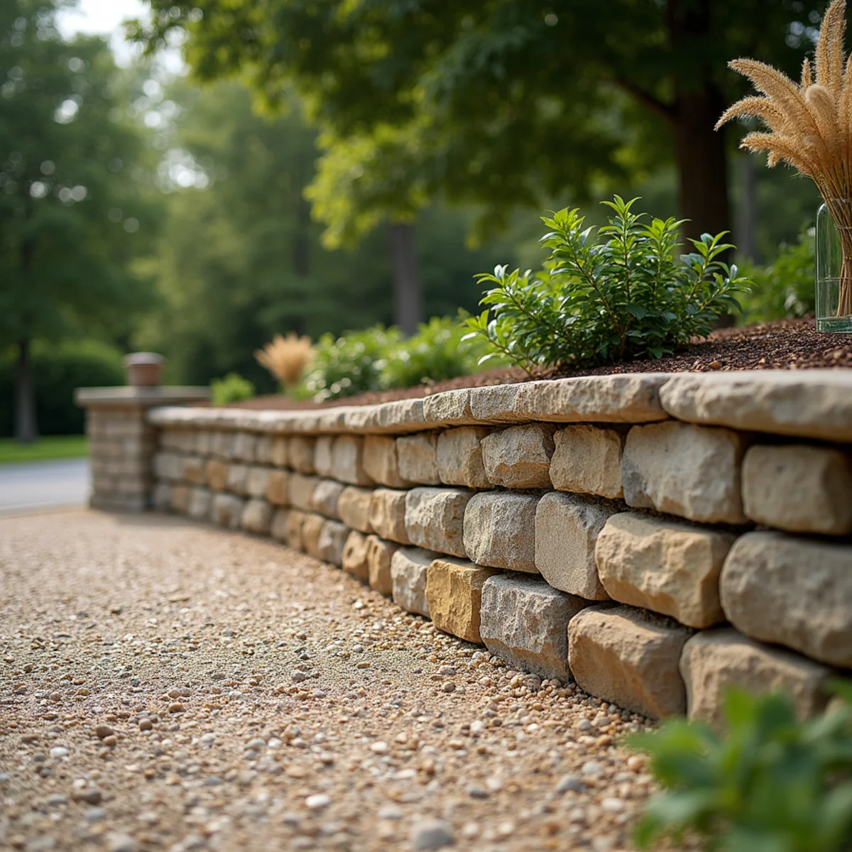 Rustic fieldstone retaining wall holding a slope beside a gravel driveway