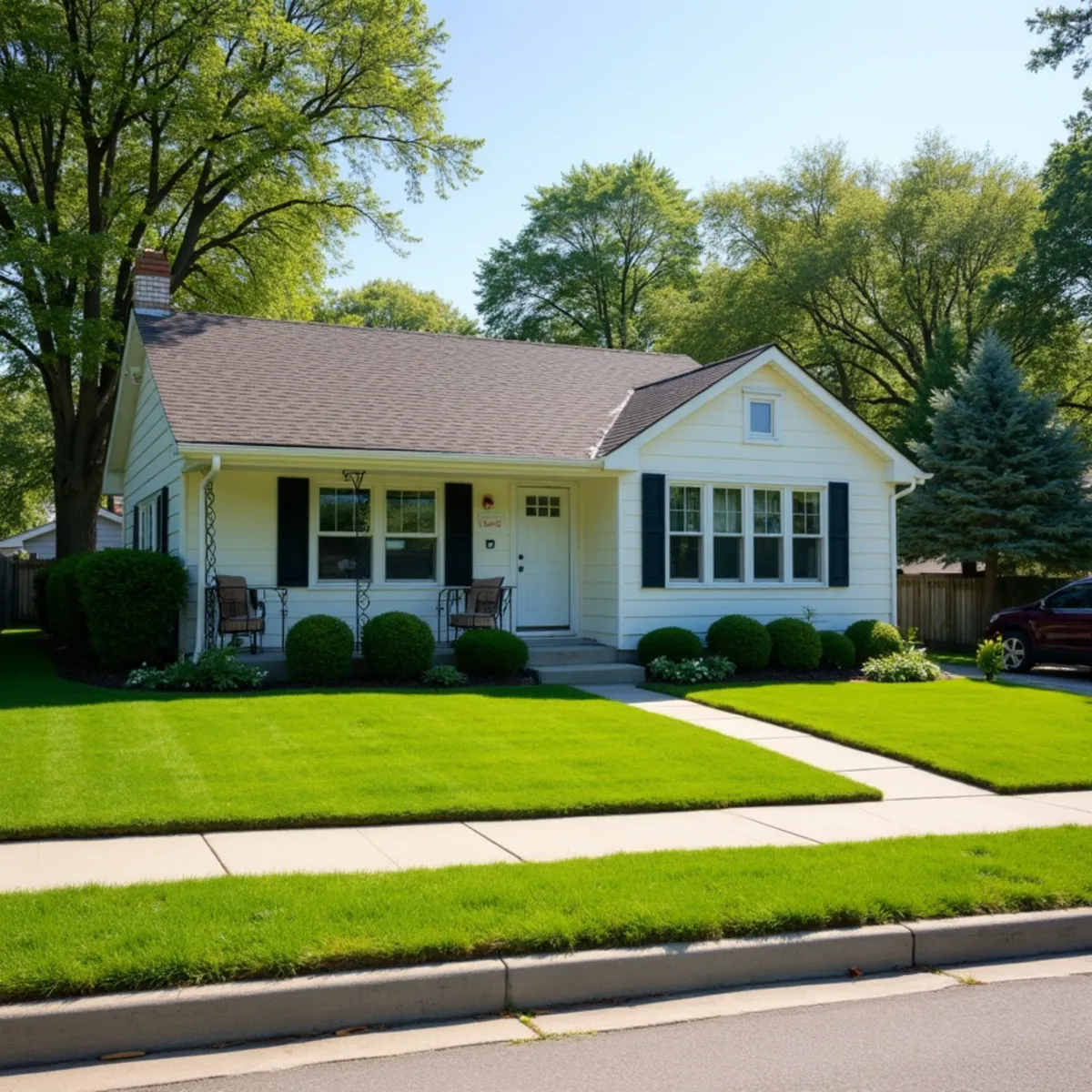 Crisply edged lawn and parkway strip in front of a mid-century single-story home