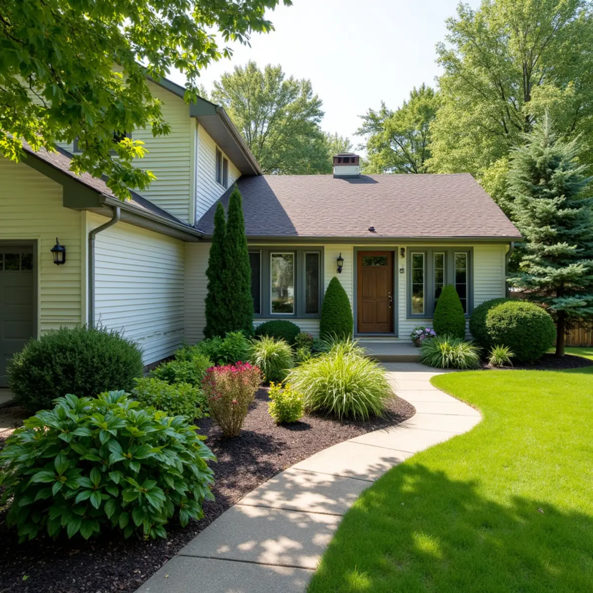 Small front-yard landscape with compact shrubs and a curved bed along a short walkway