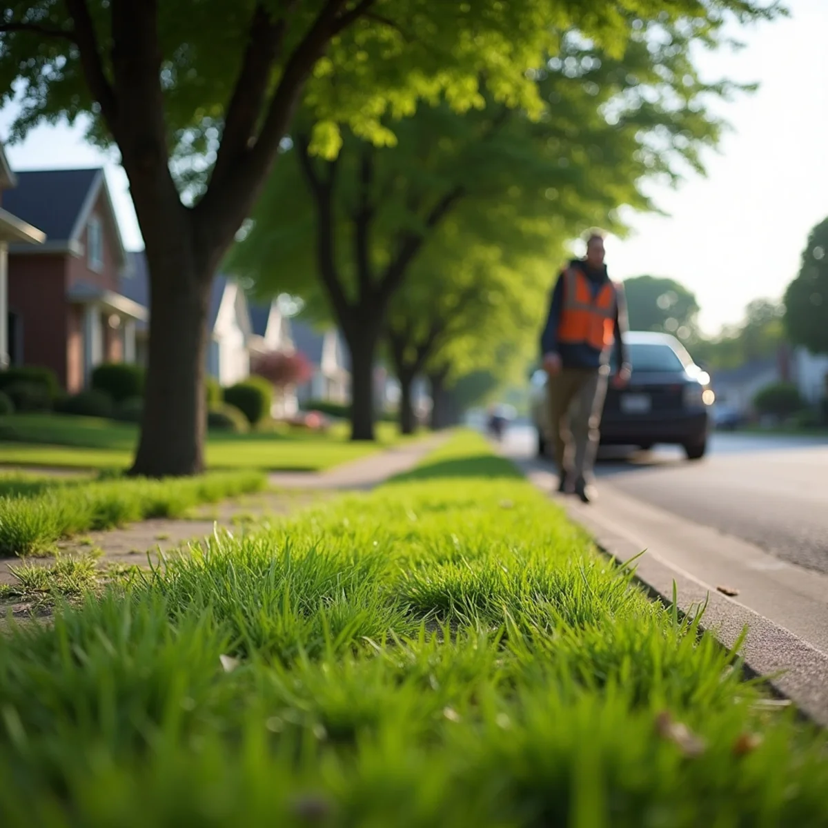 Thick parkway turf along a tree-lined street sidewalk