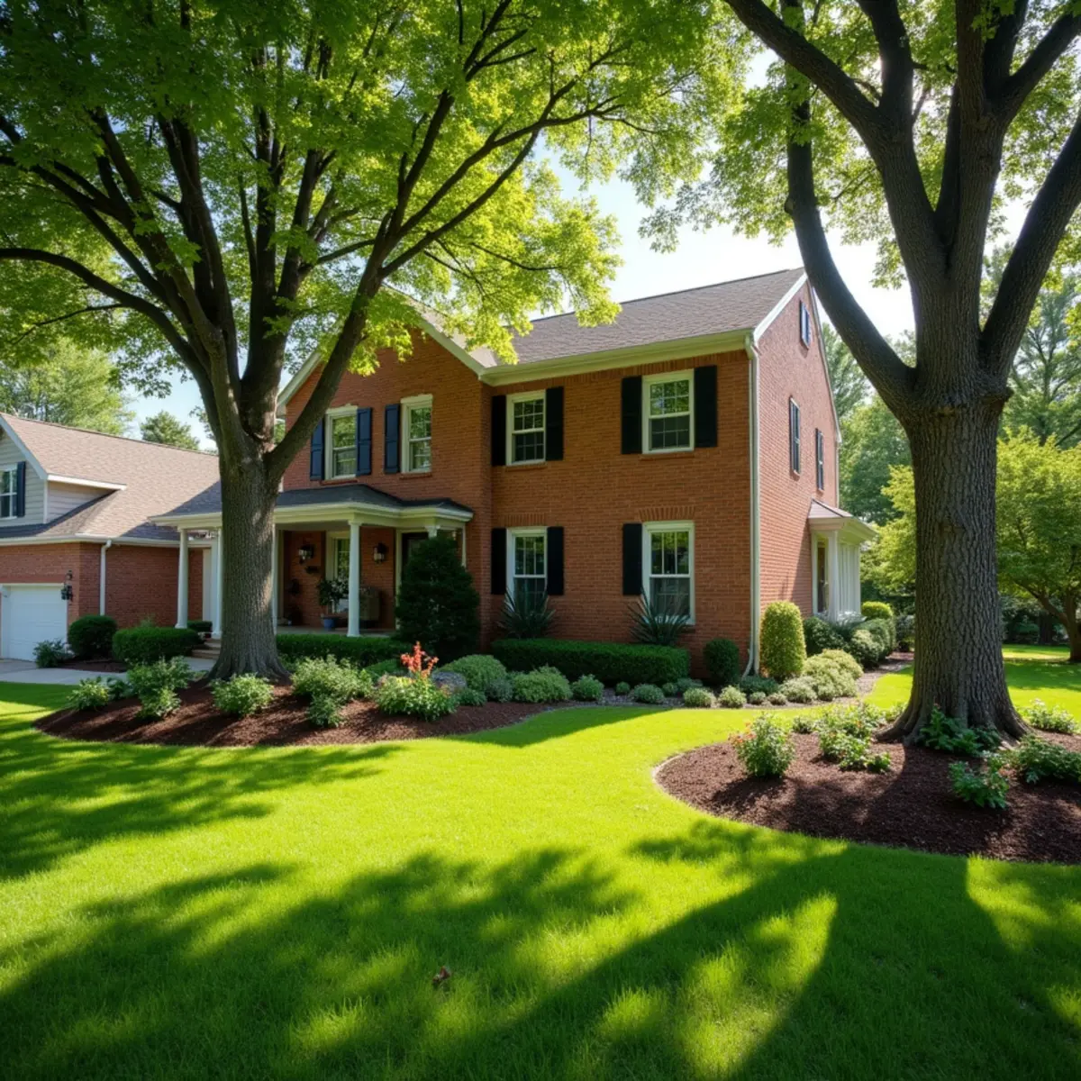 Front-yard landscape with fresh mulch beds and shade perennials under mature oak trees
