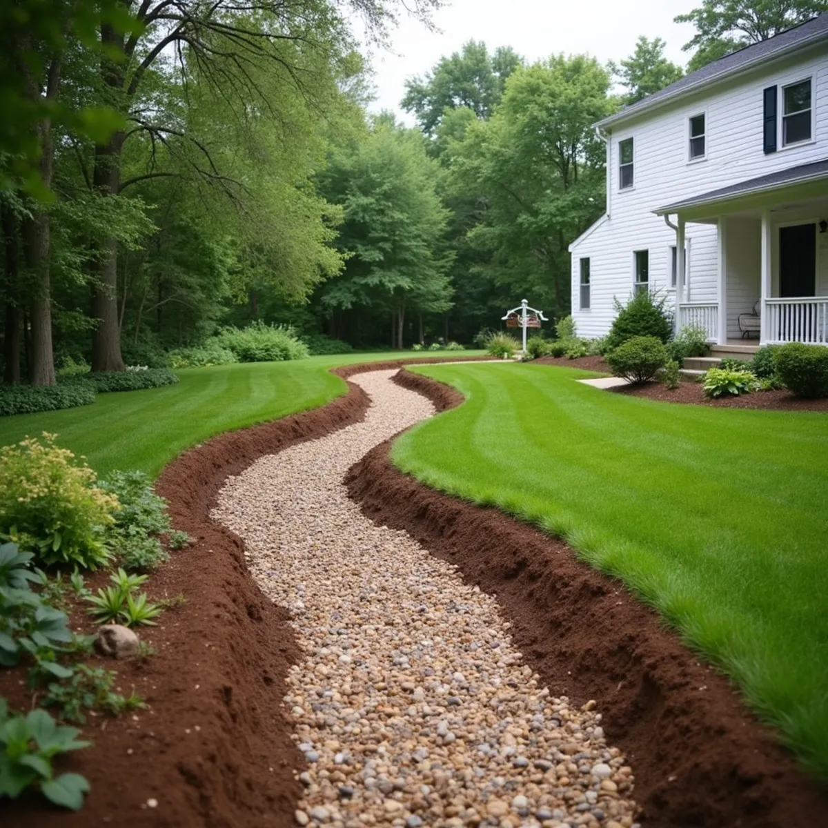 Regraded backyard with a river-rock drainage swale leading away from the house
