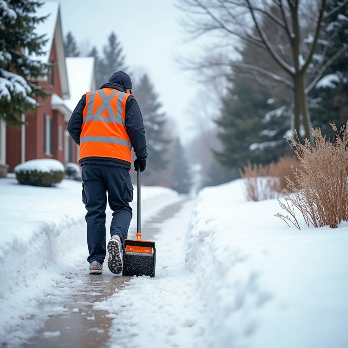 Crew member in a safety vest clearing a snowy front walk with a snow pusher