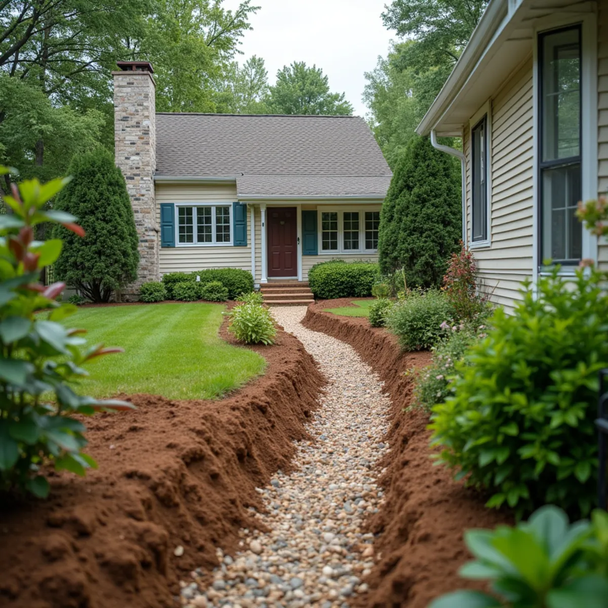 Regraded low-lying backyard sloped away from a modest single-story home