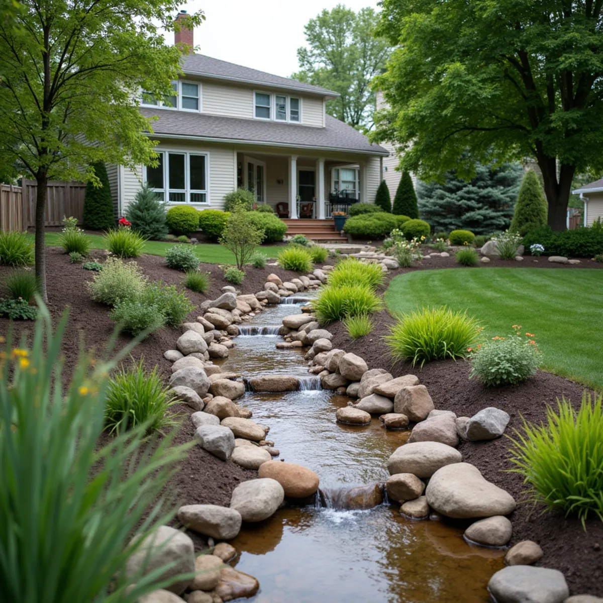 Winding river-rock dry creek bed with boulders carrying runoff through a backyard