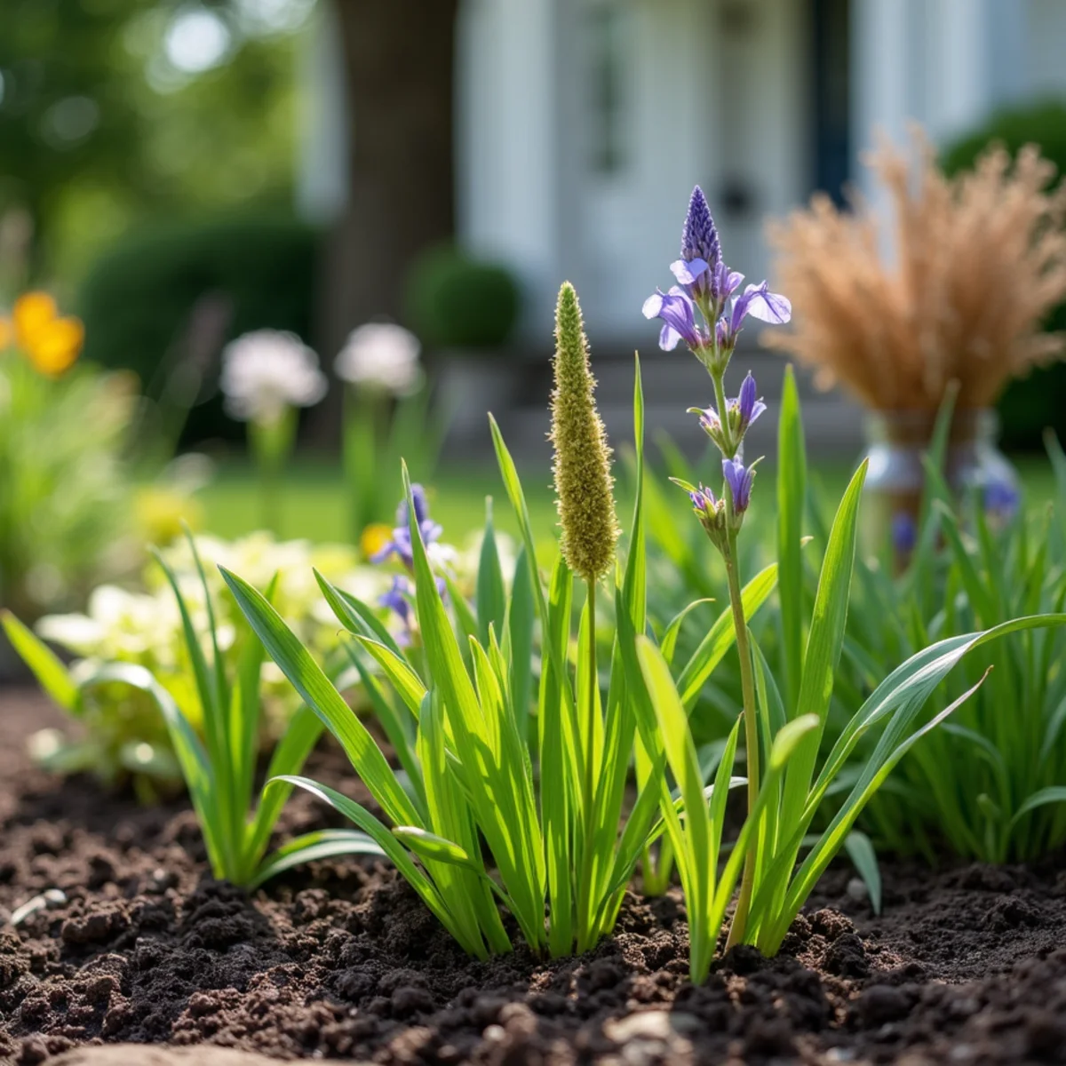 Low, damp garden bed planted with swamp milkweed, sedges and blue flag iris