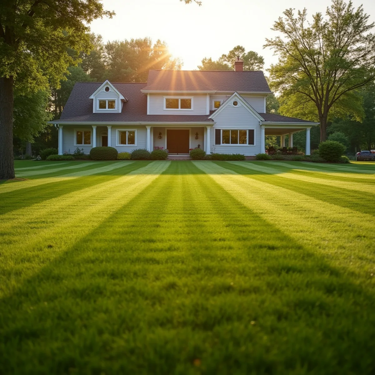Large freshly mowed lawn with wide stripes in front of a farmhouse-style home